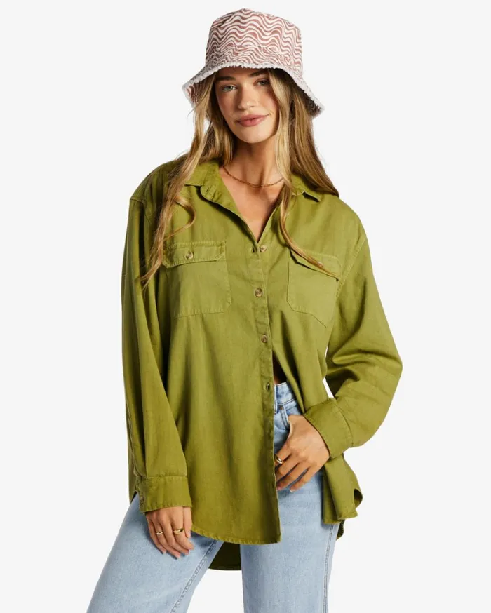 So Stoked Twill Long Sleeve Shirt Green Eyes Women Billabong Tops