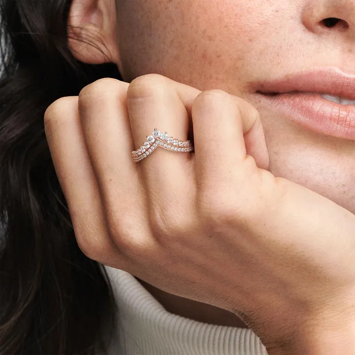 Stackable Rings Women Pandora Princess Wishbone Ring Rose Gold Plated