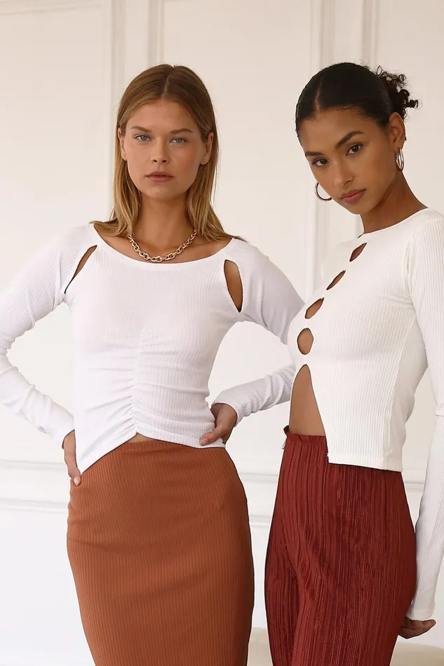Storets Ada Cutout Ruched Ribbed Top Women Sweaters and Knitwears