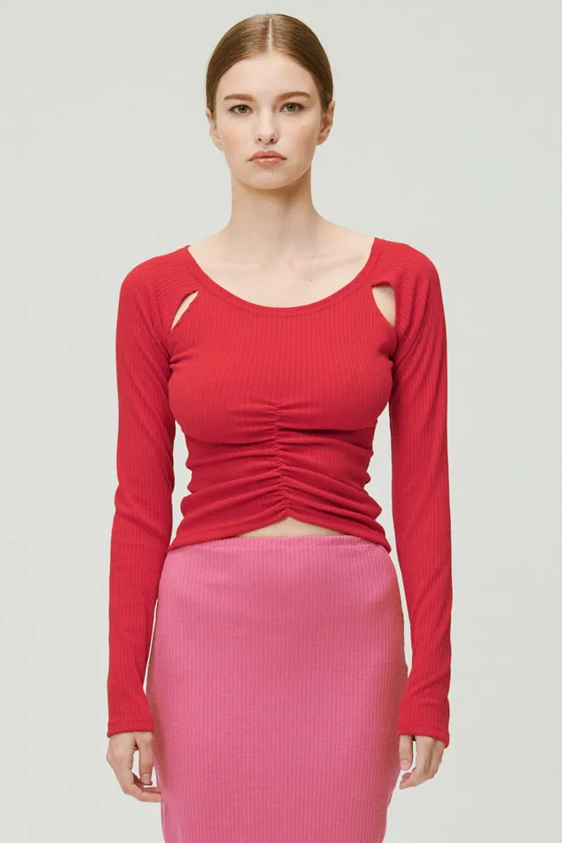 Storets Ada Cutout Ruched Ribbed Top Women Sweaters and Knitwears