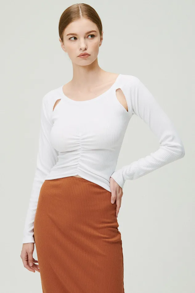 Storets Ada Cutout Ruched Ribbed Top Women Sweaters and Knitwears