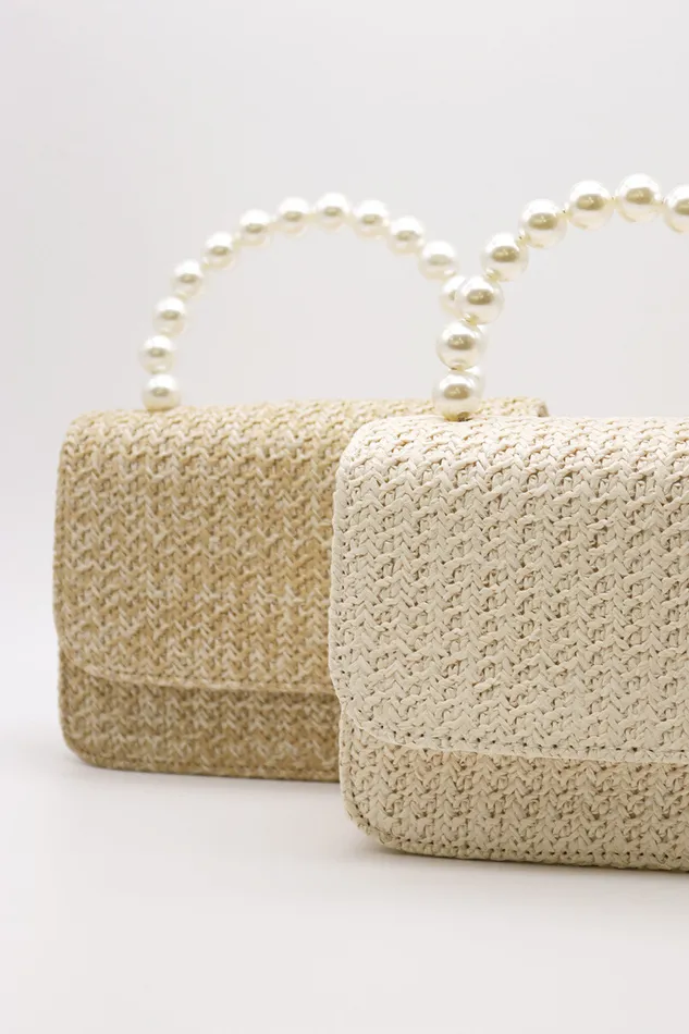 Storets Faux Pearl Handle Straw Bag Women Bags