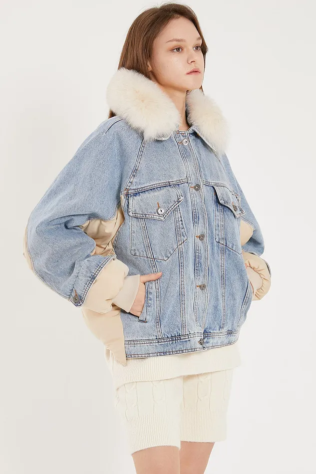 Storets Karlie Puffer Denim Combo Jacket Women Jackets and Coats