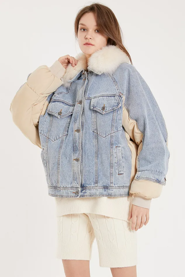 Storets Karlie Puffer Denim Combo Jacket Women Jackets and Coats Storets Karlie Puffer Denim Combo Jacket Women Jackets and Coats
