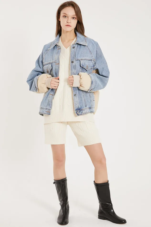 Storets Karlie Puffer Denim Combo Jacket Women Jackets and Coats Storets Karlie Puffer Denim Combo Jacket Women Jackets and Coats