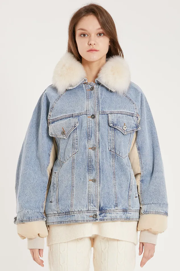 Storets Karlie Puffer Denim Combo Jacket Women Jackets and Coats Storets Karlie Puffer Denim Combo Jacket Women Jackets and Coats