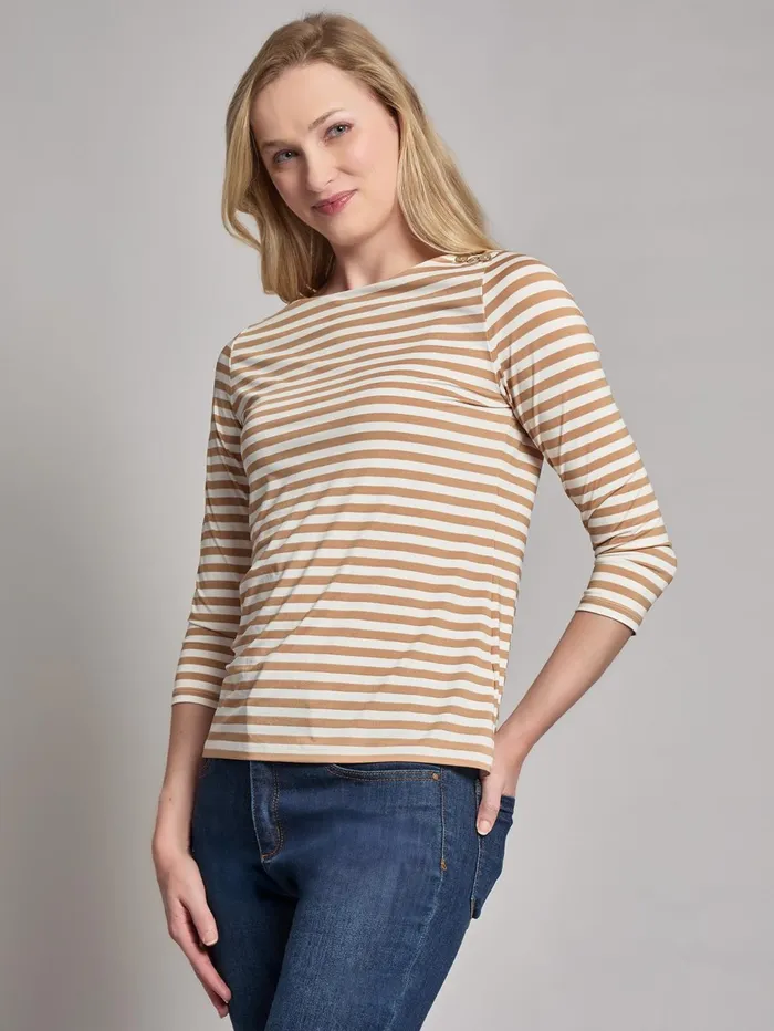 Stripe Button Shoulder Jersey Top Women Jones New York Tops and Blouses