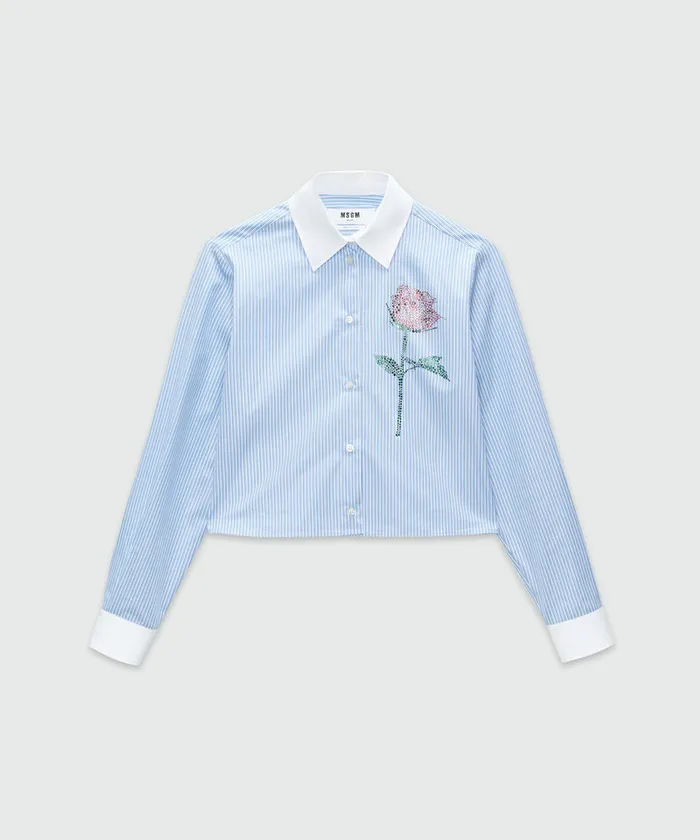 Striped Poplin Shirt With Rhinestone Rose Women MSGM Tops And Shirts