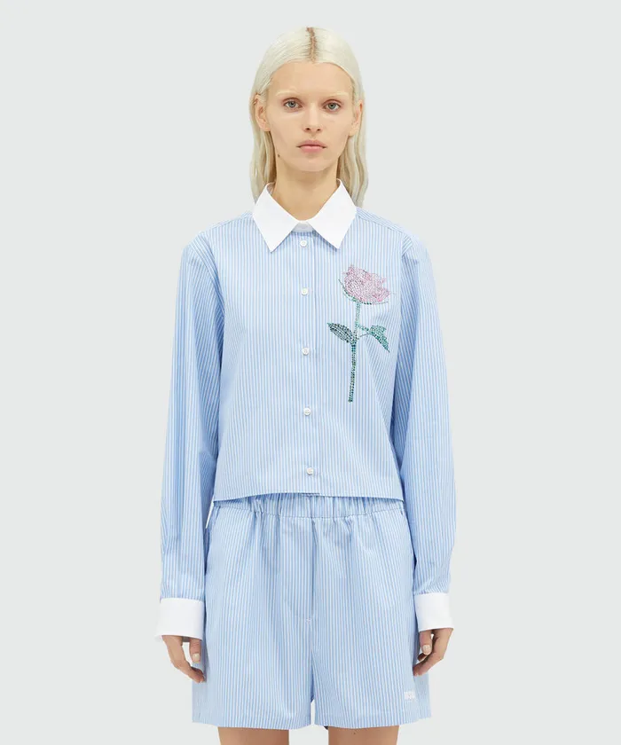 Striped Poplin Shirt With Rhinestone Rose Women MSGM Tops And Shirts