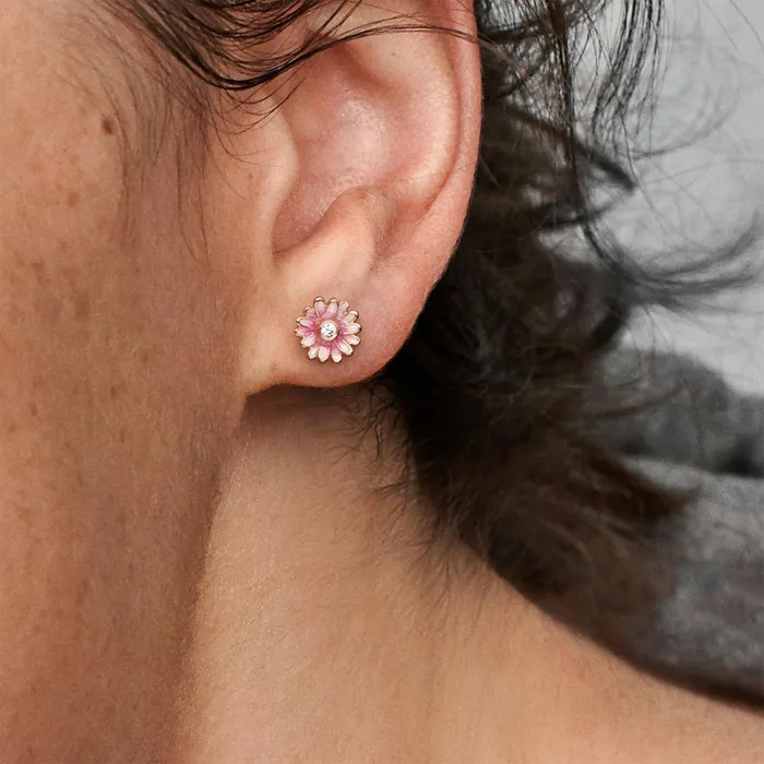 Stud Earrings Women Pandora Pink Daisy Flower Stud Earrings