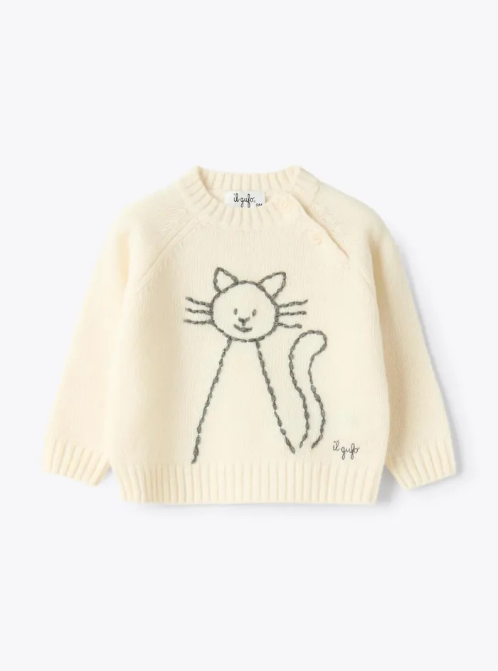 Sweatshirts And Sweaters Baby 036Boy 216Girl 216 Il Gufo Wool Sweater With Cat Embroidery