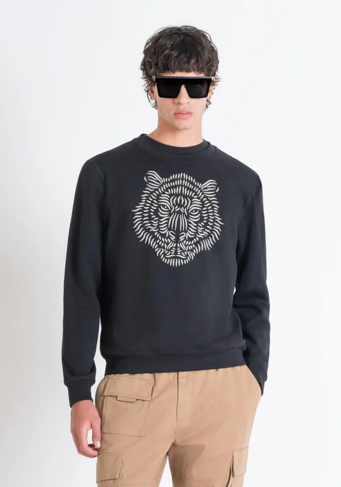 Sweatshirts Men Antony Morato Regular Fit Sweatshirt In Sustainable CottonBlend Fabric And Rubberised Tiger Print Black Sweatshirts Men Antony Morato Regular Fit Sweatshirt In Sustainable CottonBlend Fabric And Rubberised Tiger Print Black