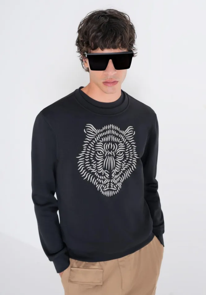 Sweatshirts Men Antony Morato Regular Fit Sweatshirt In Sustainable CottonBlend Fabric And Rubberised Tiger Print Black