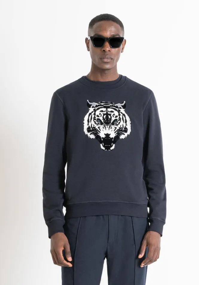 Sweatshirts Men Antony Morato Regular Fit Sweatshirt In Sustainable CottonBlend Fabric With Tiger Print Blue Ink Sweatshirts Men Antony Morato Regular Fit Sweatshirt In Sustainable CottonBlend Fabric With Tiger Print Blue Ink