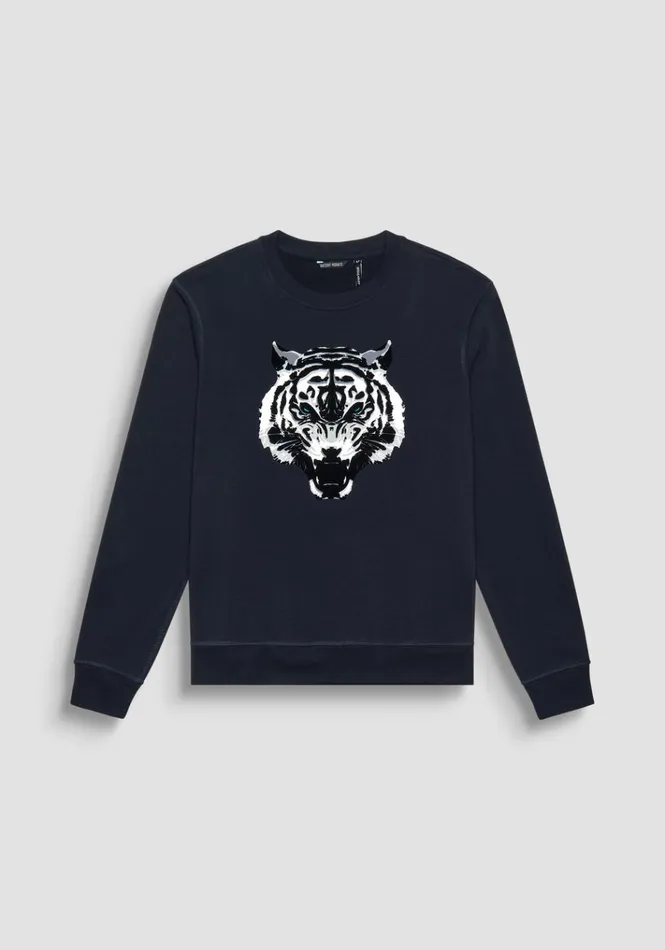 Sweatshirts Men Antony Morato Regular Fit Sweatshirt In Sustainable CottonBlend Fabric With Tiger Print Blue Ink