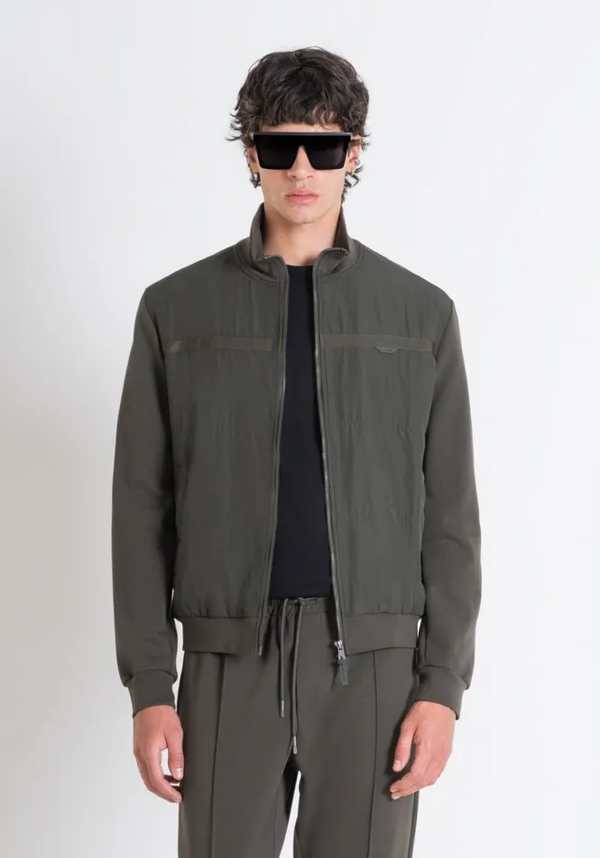 Sweatshirts Men Antony Morato Slim Fit Sweatshirt With Zip In Green Cotton Blend And Contrasting Technical Fabric Dark Olive Green Sweatshirts Men Antony Morato Slim Fit Sweatshirt With Zip In Green Cotton Blend And Contrasting Technical Fabric Dark Olive Green