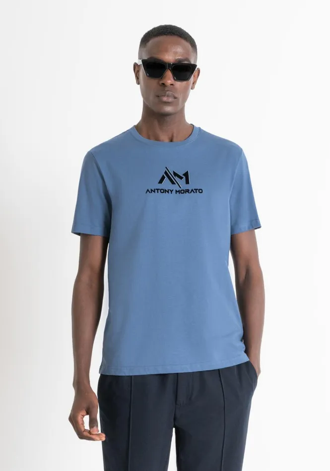 TShirts And Polo Men Antony Morato Regular Fit TShirt In Avio Cotton Jersey With Logo Worker Avio TShirts And Polo Men Antony Morato Regular Fit TShirt In Avio Cotton Jersey With Logo Worker Avio