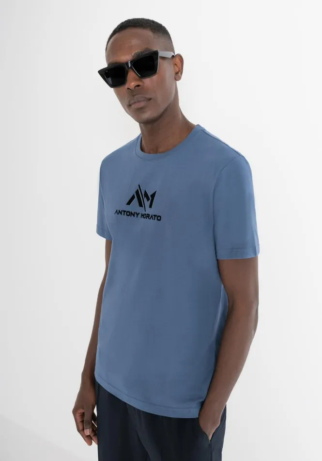 TShirts And Polo Men Antony Morato Regular Fit TShirt In Avio Cotton Jersey With Logo Worker Avio