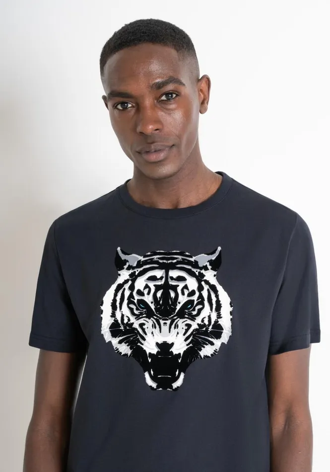TShirts And Polo Men Antony Morato Regular Fit TShirt In Black Cotton Jersey With Tiger Print Blue Ink
