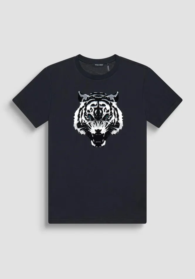 TShirts And Polo Men Antony Morato Regular Fit TShirt In Black Cotton Jersey With Tiger Print Blue Ink
