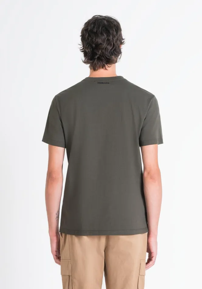 TShirts And Polo Men Antony Morato Regular Fit TShirt In Cotton Jersey With Rubberised Tiger Print Dark Olive Green