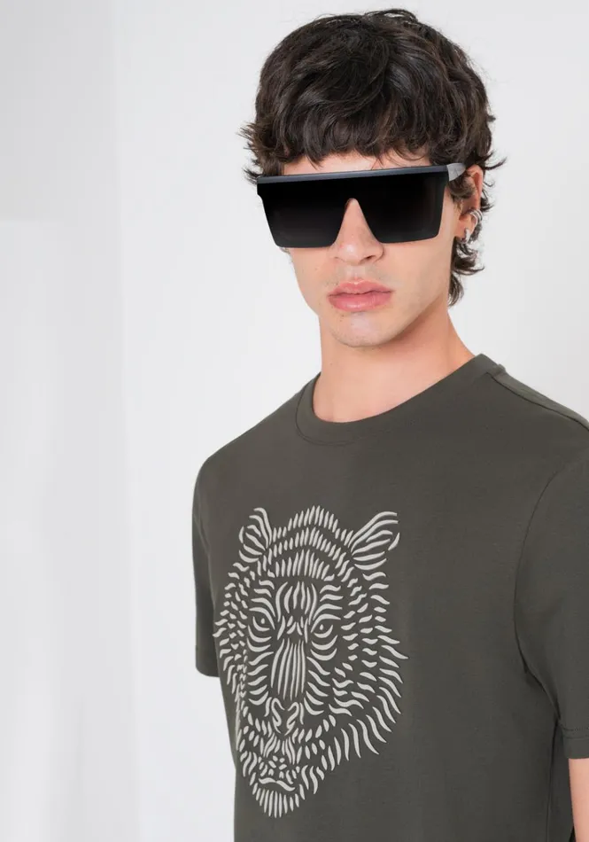 TShirts And Polo Men Antony Morato Regular Fit TShirt In Cotton Jersey With Rubberised Tiger Print Dark Olive Green