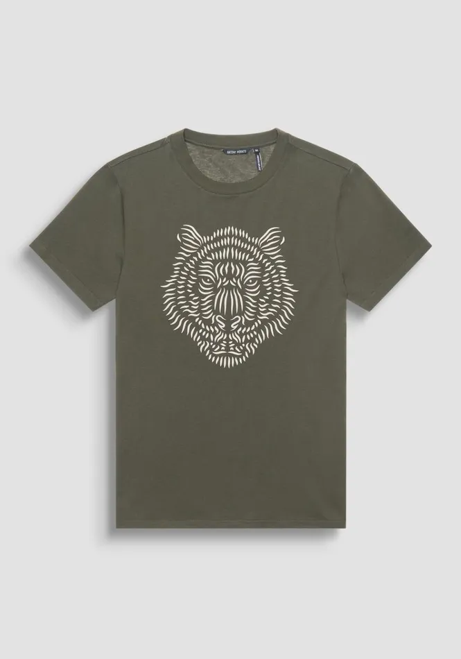 TShirts And Polo Men Antony Morato Regular Fit TShirt In Cotton Jersey With Rubberised Tiger Print Dark Olive Green