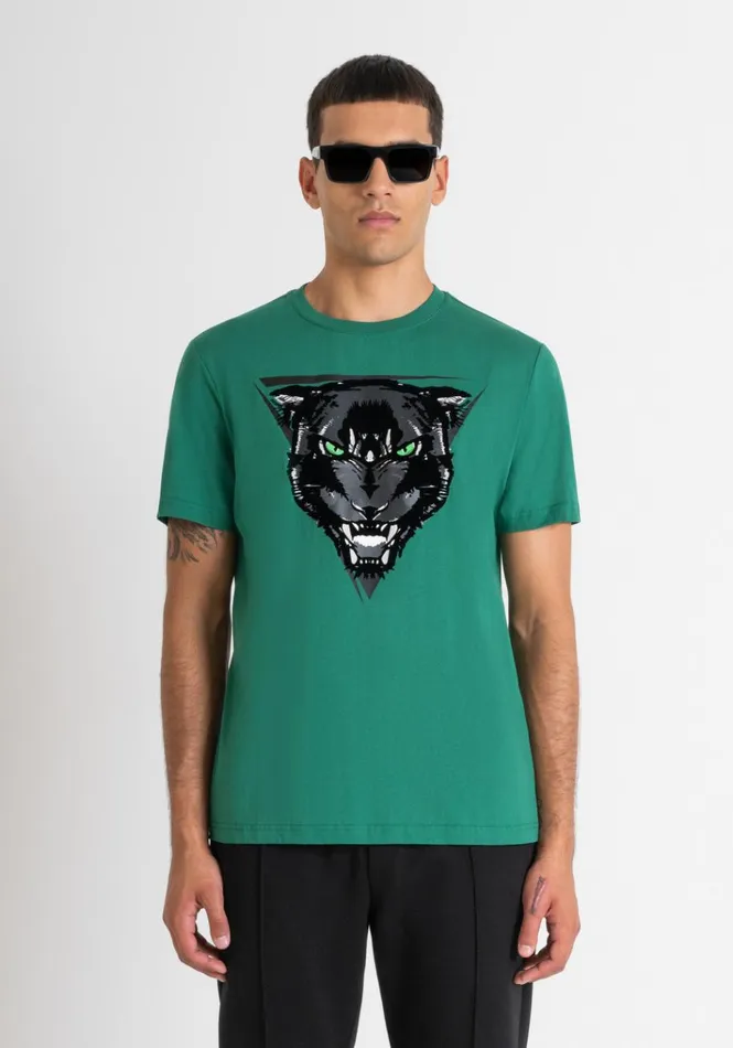 TShirts And Polo Men Antony Morato Regular Fit TShirt In Green Cotton Jersey With Panther Print Flag Green TShirts And Polo Men Antony Morato Regular Fit TShirt In Green Cotton Jersey With Panther Print Flag Green