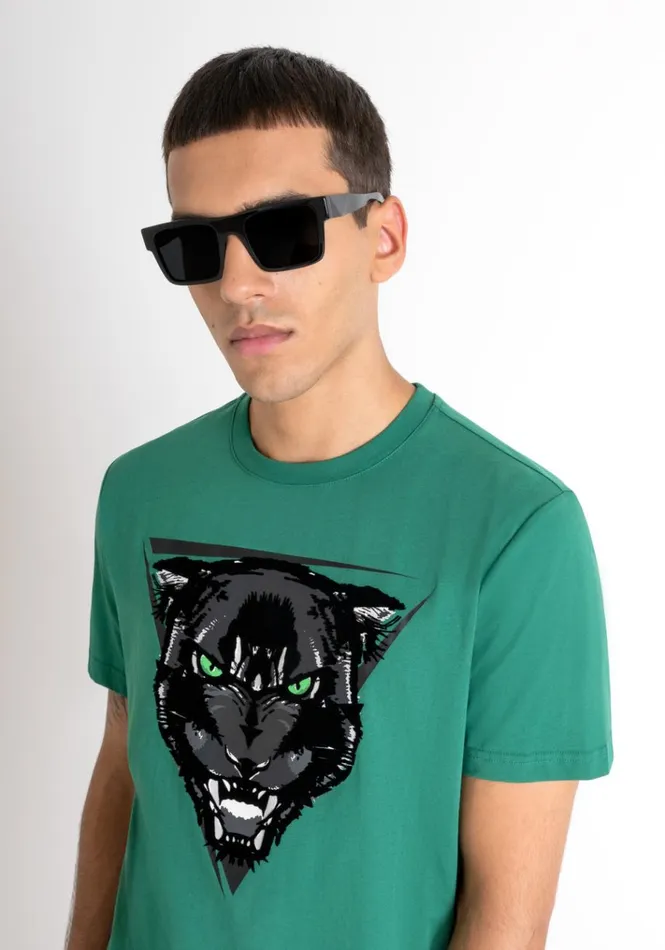 TShirts And Polo Men Antony Morato Regular Fit TShirt In Green Cotton Jersey With Panther Print Flag Green