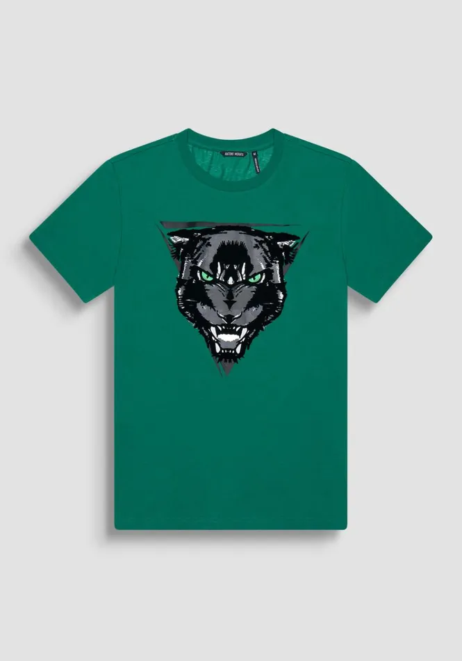 TShirts And Polo Men Antony Morato Regular Fit TShirt In Green Cotton Jersey With Panther Print Flag Green