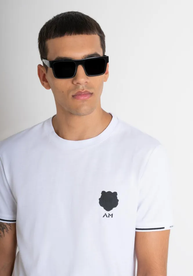 TShirts And Polo Men Antony Morato Slim Fit Polo TShirt In Cotton Pique With Rubberised Tiger Logo White