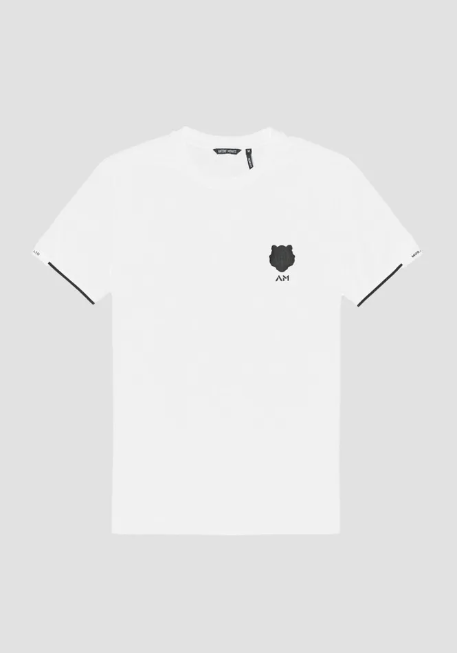 TShirts And Polo Men Antony Morato Slim Fit Polo TShirt In Cotton Pique With Rubberised Tiger Logo White