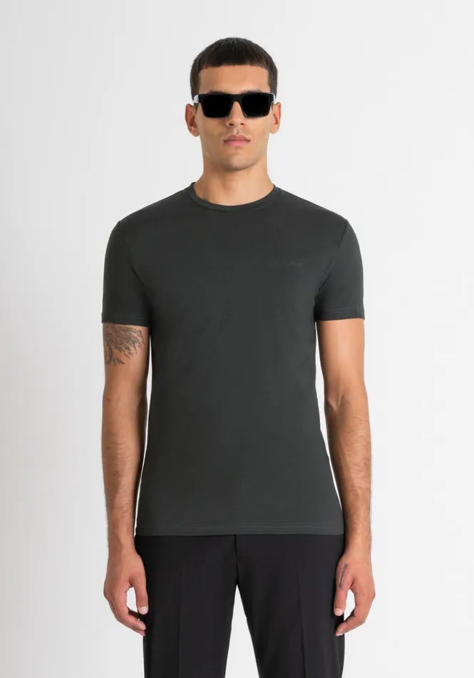 TShirts And Polo Men Antony Morato Super Slim Fit Stretch Cotton TShirt With Rubberised Logo Forest Green TShirts And Polo Men Antony Morato Super Slim Fit Stretch Cotton TShirt With Rubberised Logo Forest Green
