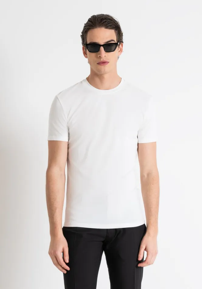 TShirts And Polo Men Antony Morato Super Slim Fit TShirt In Stretch Cotton With Logo Print White