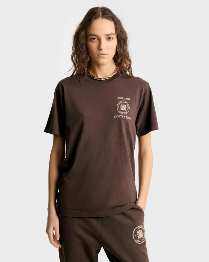 TShirts Men Sporty and Rich Crest Seal 100th T Shirt 8211 ChocolateCream