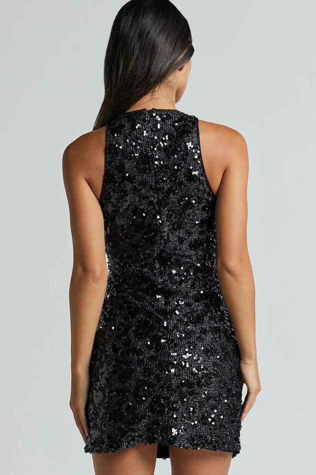 Tisdale Mini Dress 8211 Halter Sequin Shift Dress In Black Women Showpo Dresses