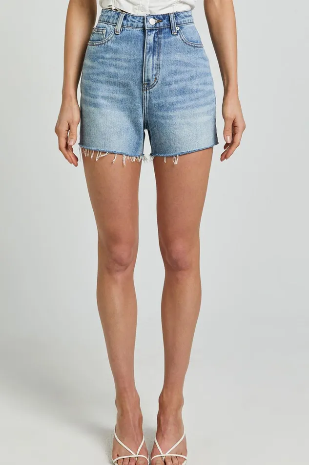 Tisdale Shorts 8211 High Waist Frayed Hem Recycled Denim Mom Shorts In Mid Blue Wash Women Showpo Conscious
