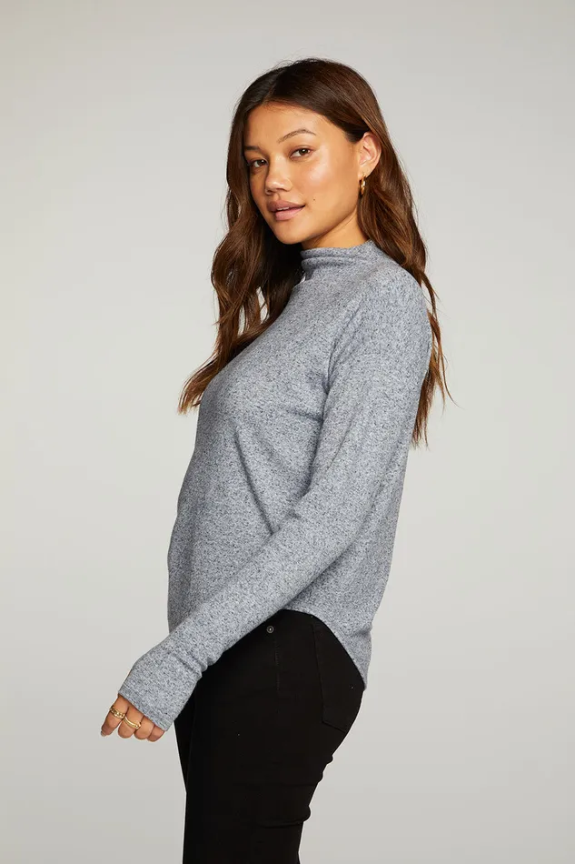 Tops Chaser Brand Womens Linen Rib Long Sleeve Mock Neck Shirttail Tee With Thumbholes