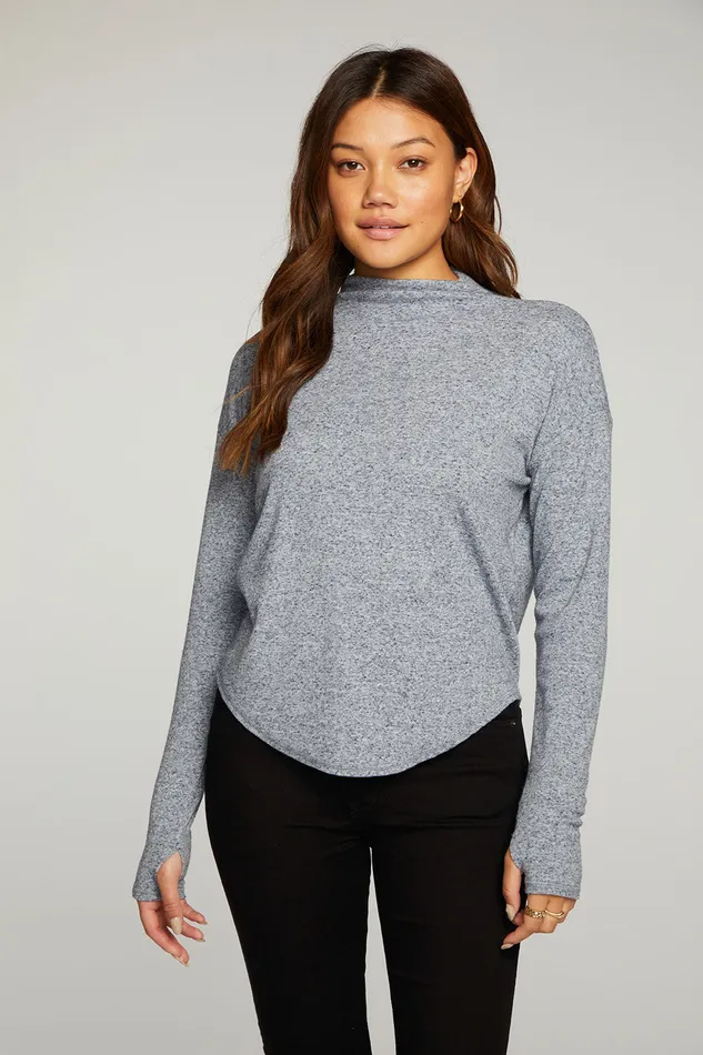 Tops Chaser Brand Womens Linen Rib Long Sleeve Mock Neck Shirttail Tee With Thumbholes