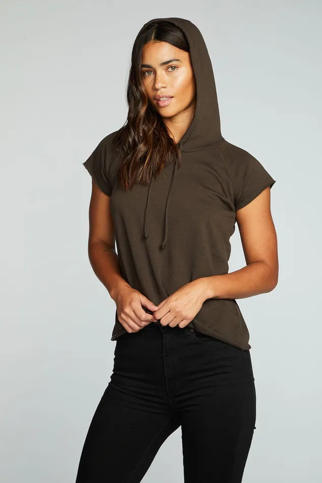 Tops Chaser Brand Womens Vintage Fleece Short Sleeve Hooded Pullover