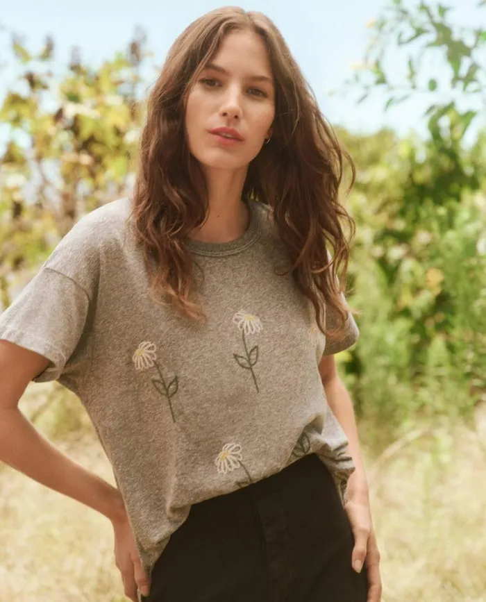 Tops Women039s The Great The Boxy Crew Heather Grey With Sunflower Embroidery