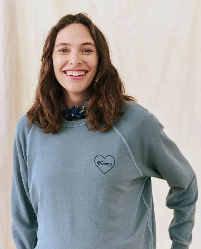 Tops Women039s The Great The Mom Embroidered College Sweatshirt Gaucho Blue With Navy