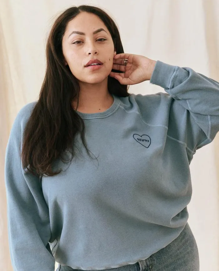 Tops Women039s The Great The Mom Embroidered College Sweatshirt Gaucho Blue With Navy