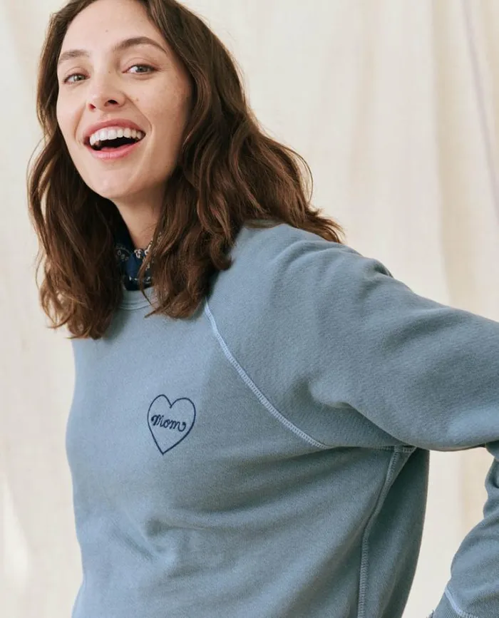 Tops Women039s The Great The Mom Embroidered College Sweatshirt Gaucho Blue With Navy