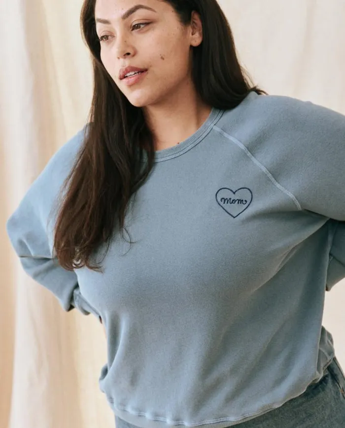 Tops Women039s The Great The Mom Embroidered College Sweatshirt Gaucho Blue With Navy