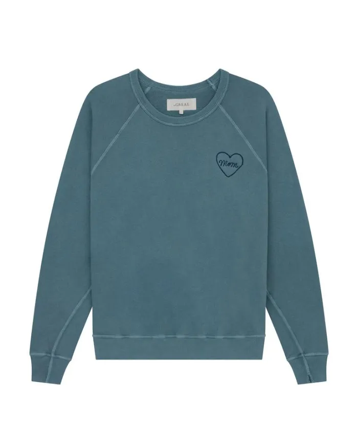 Tops Women039s The Great The Mom Embroidered College Sweatshirt Gaucho Blue With Navy