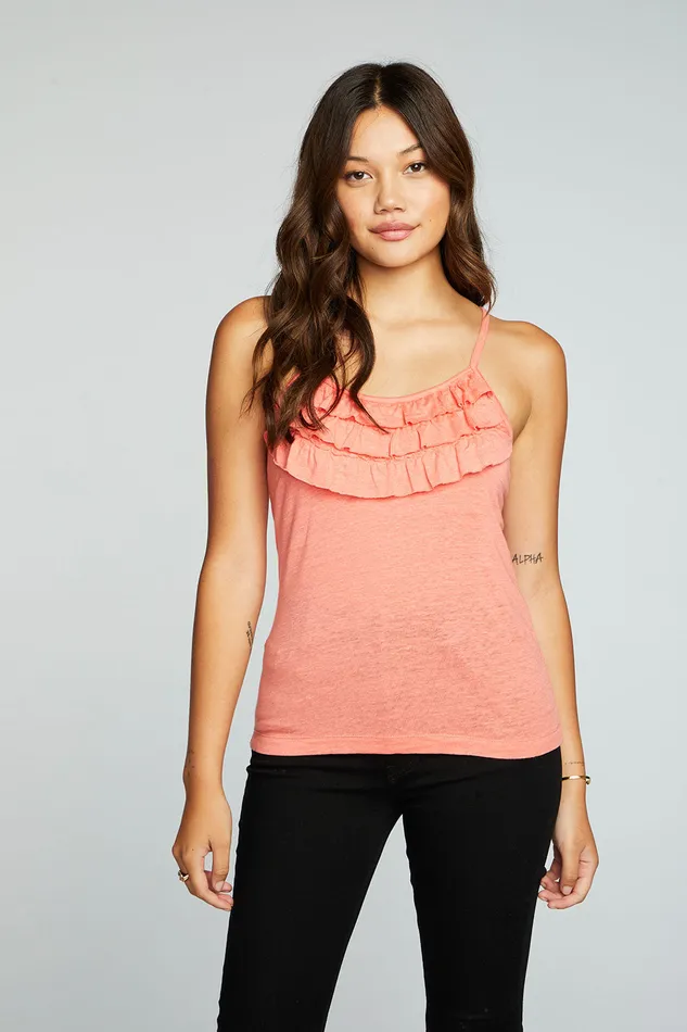 Tops Womens Chaser Brand Linen Jersey Strappy Ruffle Cami