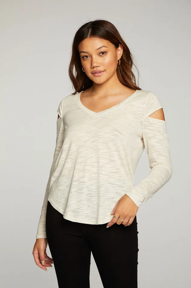 Tops Womens Chaser Brand Slub Jersey Vented Long Sleeve Deep V Shirttail Tee