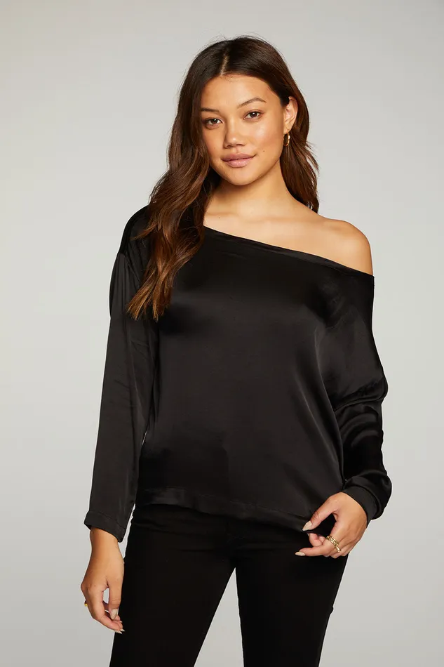 Tops Womens Chaser Brand Stretch Silky Basics Off Shoulder Long Sleeve Drop Shoulder