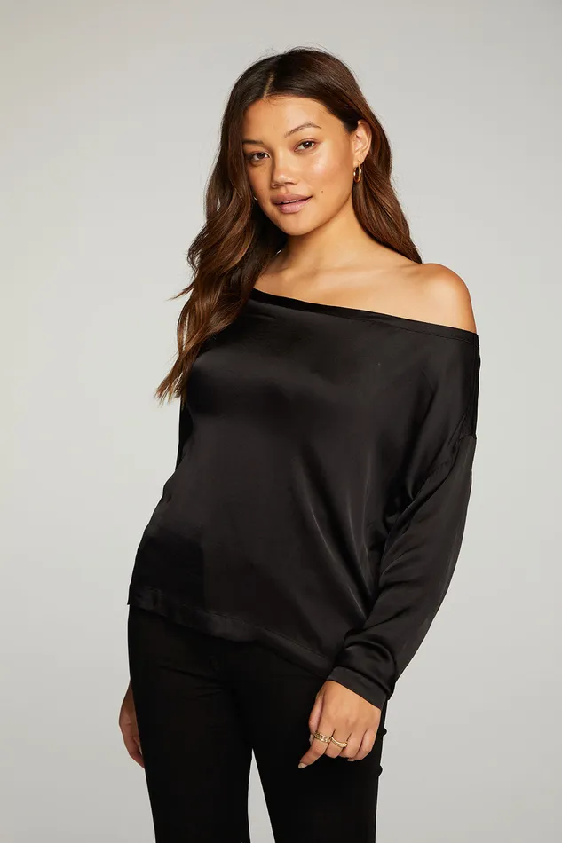 Tops Womens Chaser Brand Stretch Silky Basics Off Shoulder Long Sleeve Drop Shoulder